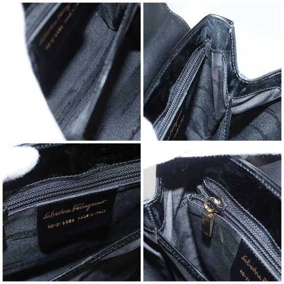 Salvatore Ferragamo Gancini Hand Bag Patent leather 2way Black Gold Auth - Picture 15 of 16